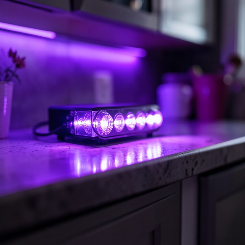 Kitchen with color-changing outdoor lights, warm ambient glow on cabinetry and countertops